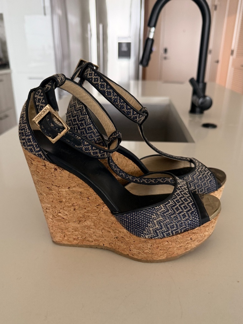 Jimmy Choo Black Patterned T Strap Cork Wedges Size 38